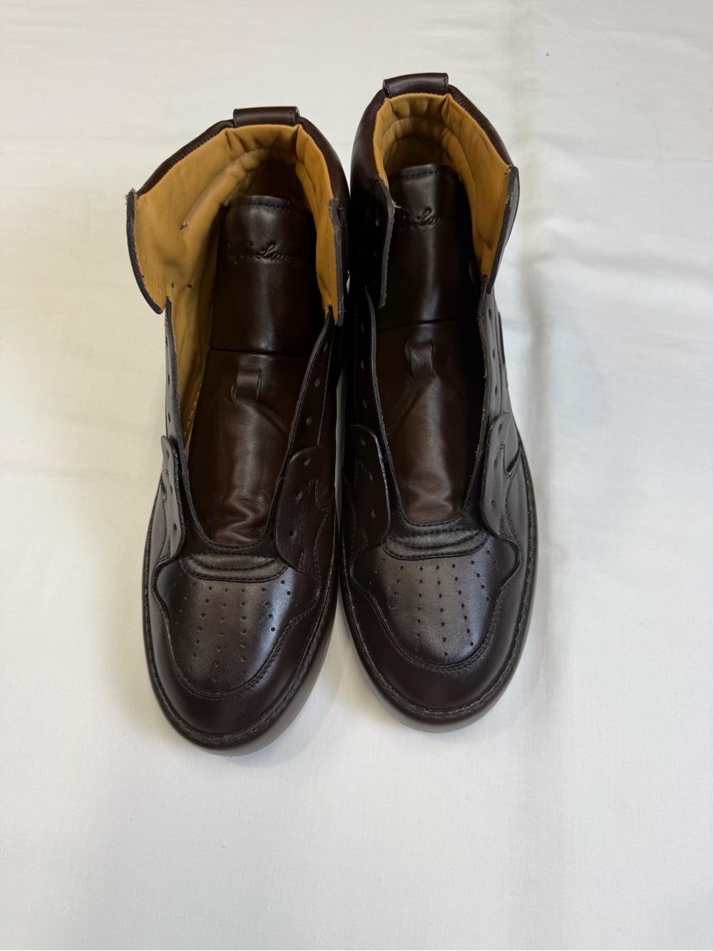 Ralph Lauren Purple Label Brown Leather High-Top Sneakers with Tan Lining